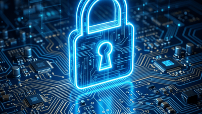 Digital lock icon over a glowing circuit board pattern