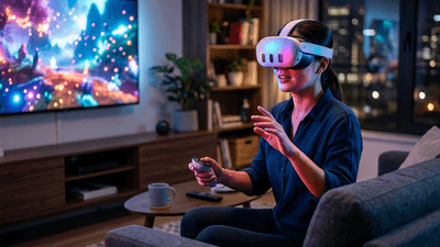 Person wearing VR headset immersed in a virtual reality experience